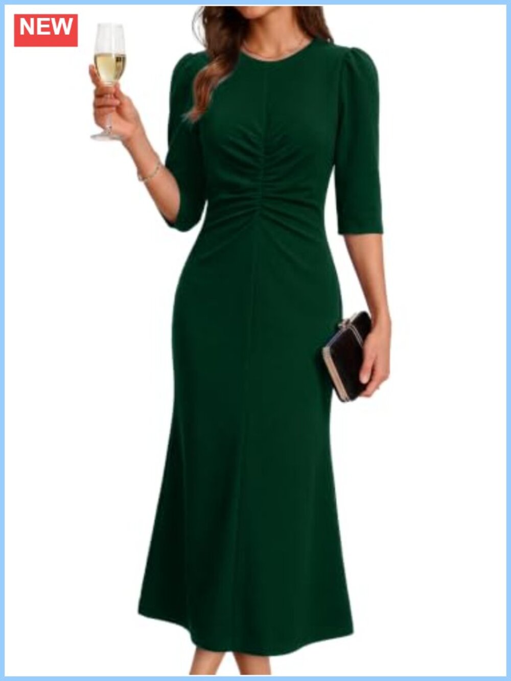 3/4 Sleeve Business Casual Ruched Fishtail Maxi Dress Semi-Formal